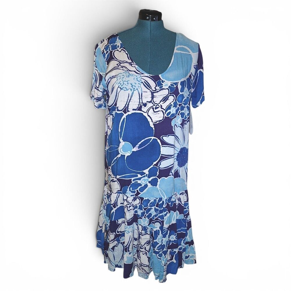 JAMS WORLD New Cool Blue White Floral Tie Dye Women Knee Length Dress Size XL